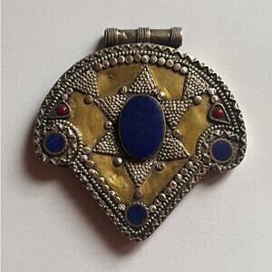 Vintage/Antique Lapis Lazuli Medallion Pendant Silver/Gold Tone - Tribal Jewelry